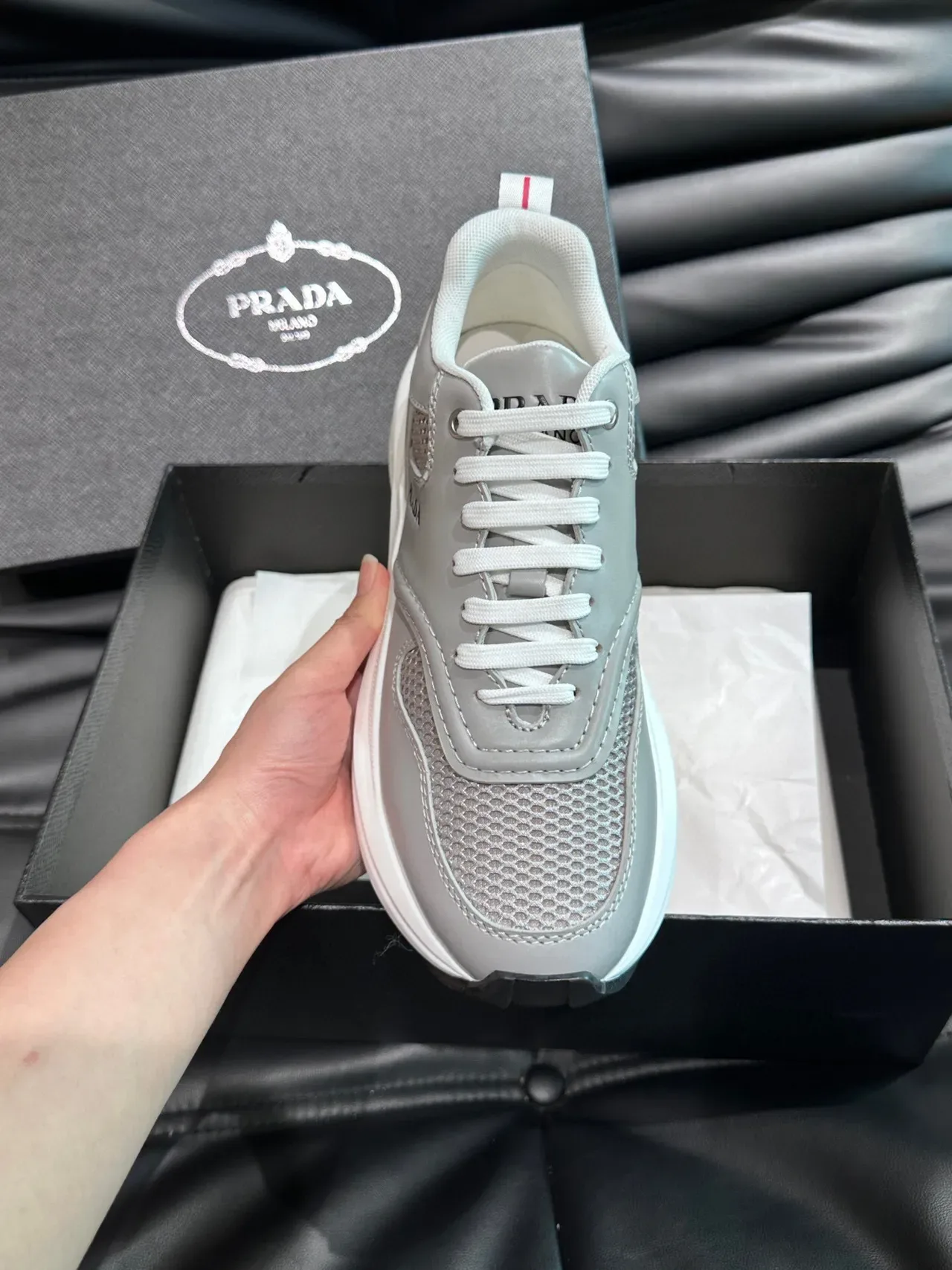 Prada Light Gray and White Mesh Lifestyle Sneakers 6
