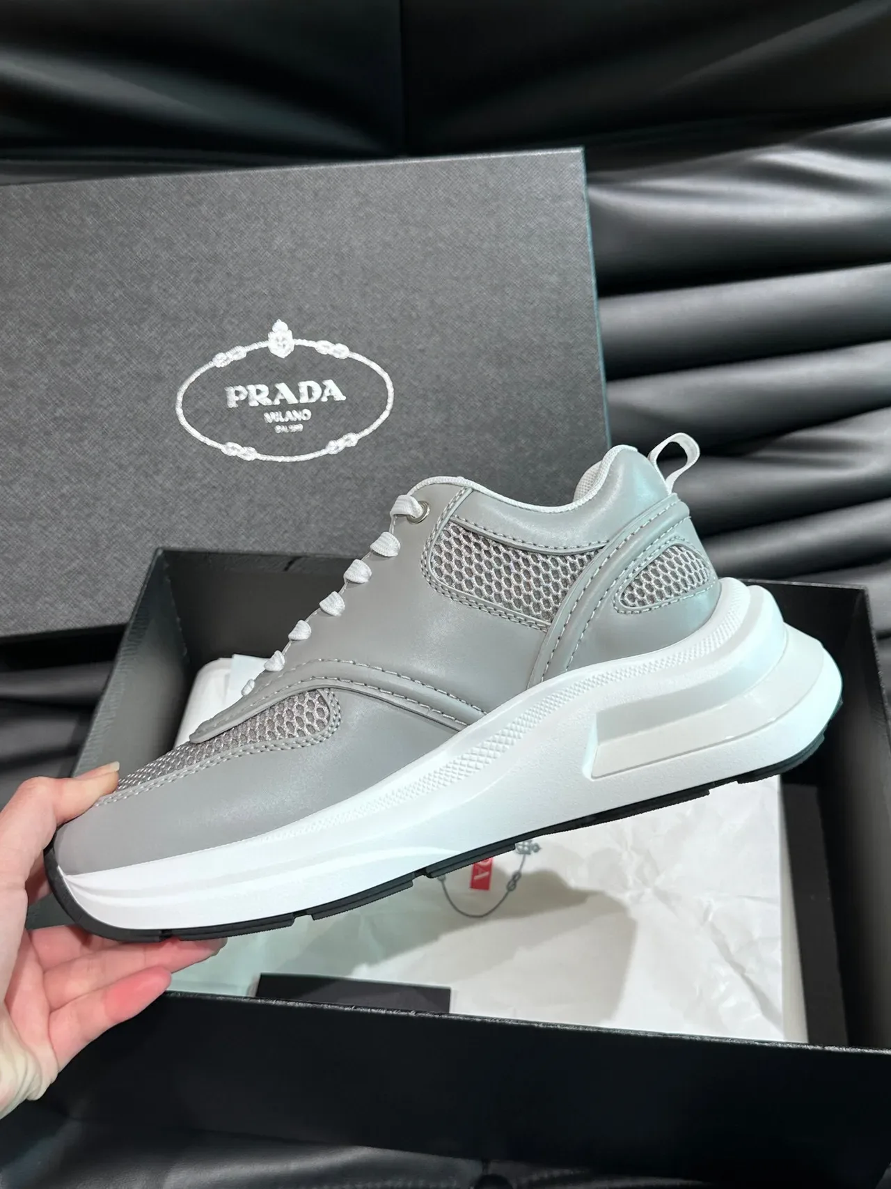 Prada Light Gray and White Mesh Lifestyle Sneakers 7