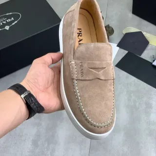 Prada Mocassin Daim Beige Blanc Attache Penny