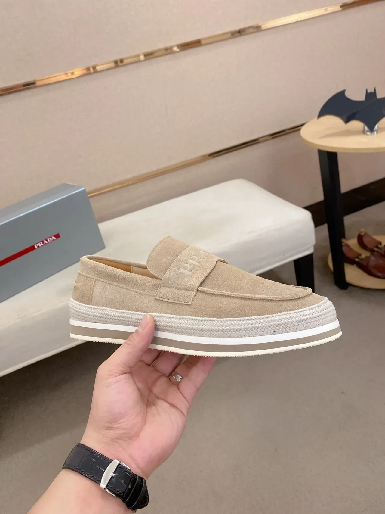 Prada Loafer Beige White Suede Upper Strap Loafer 4