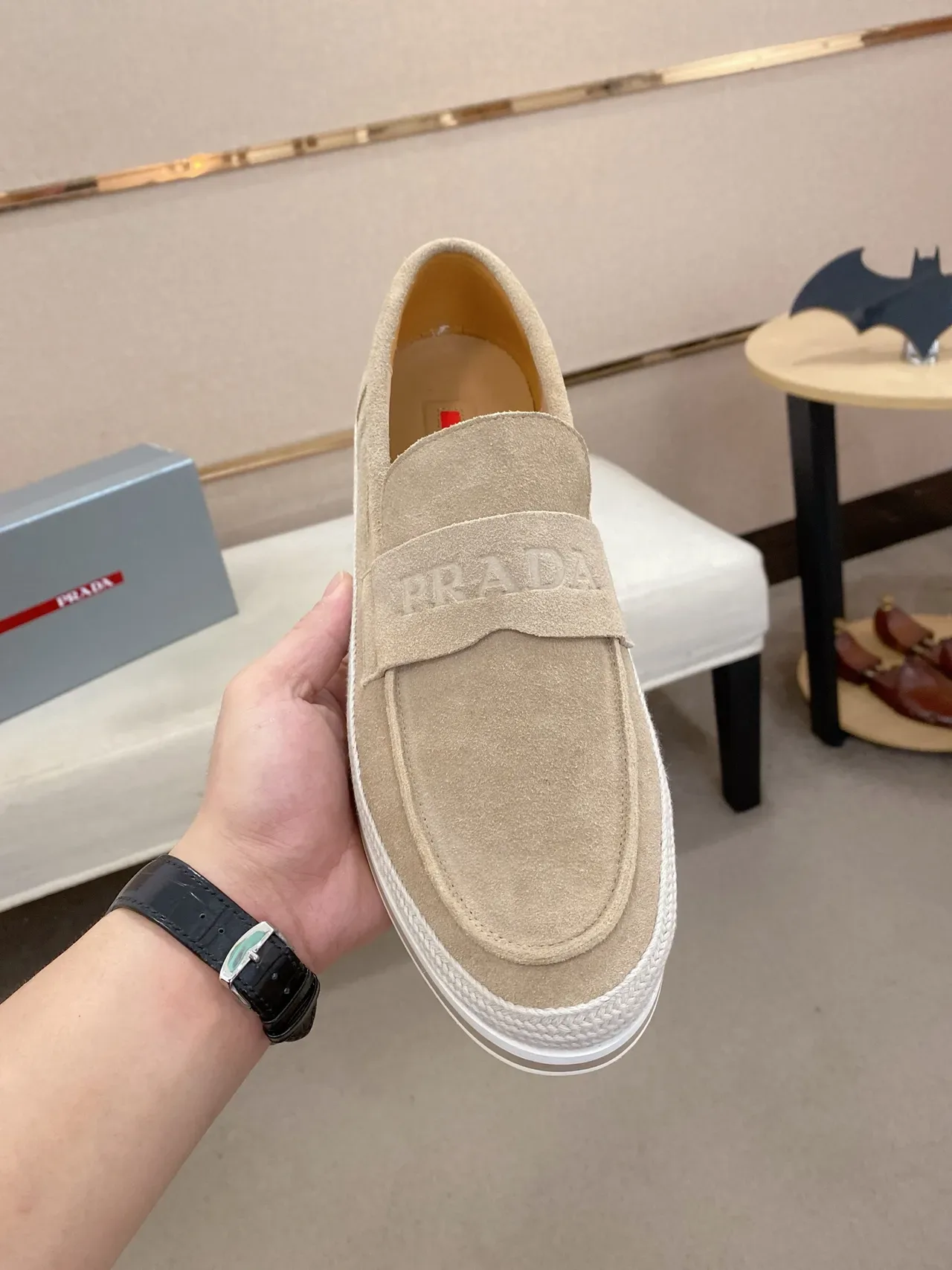 Prada Loafer Beige White Suede Upper Strap Loafer 5
