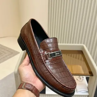 Prada Loafer Brown Black Croc-Embossed Leather Metal Plaque Buckle Loafer