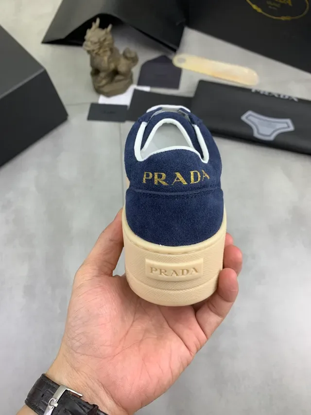 Prada Navy Beige Suede Upper White Flat Laces Lifestyle Sneakers 3