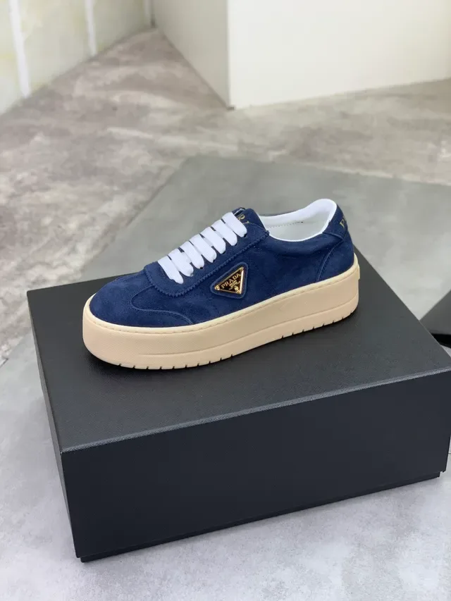 Prada Navy Beige Suede Upper White Flat Laces Lifestyle Sneakers 4