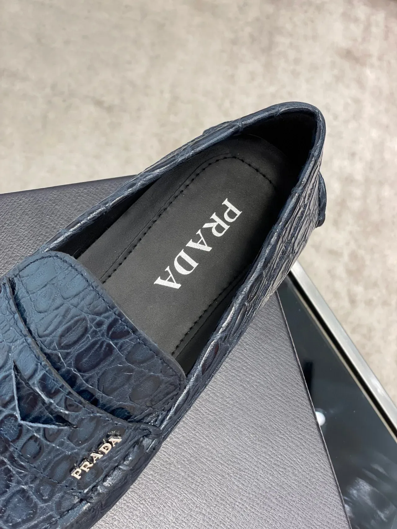 Prada Navy Black Crocodile-Embossed Leather Penny Strap Loafer 2