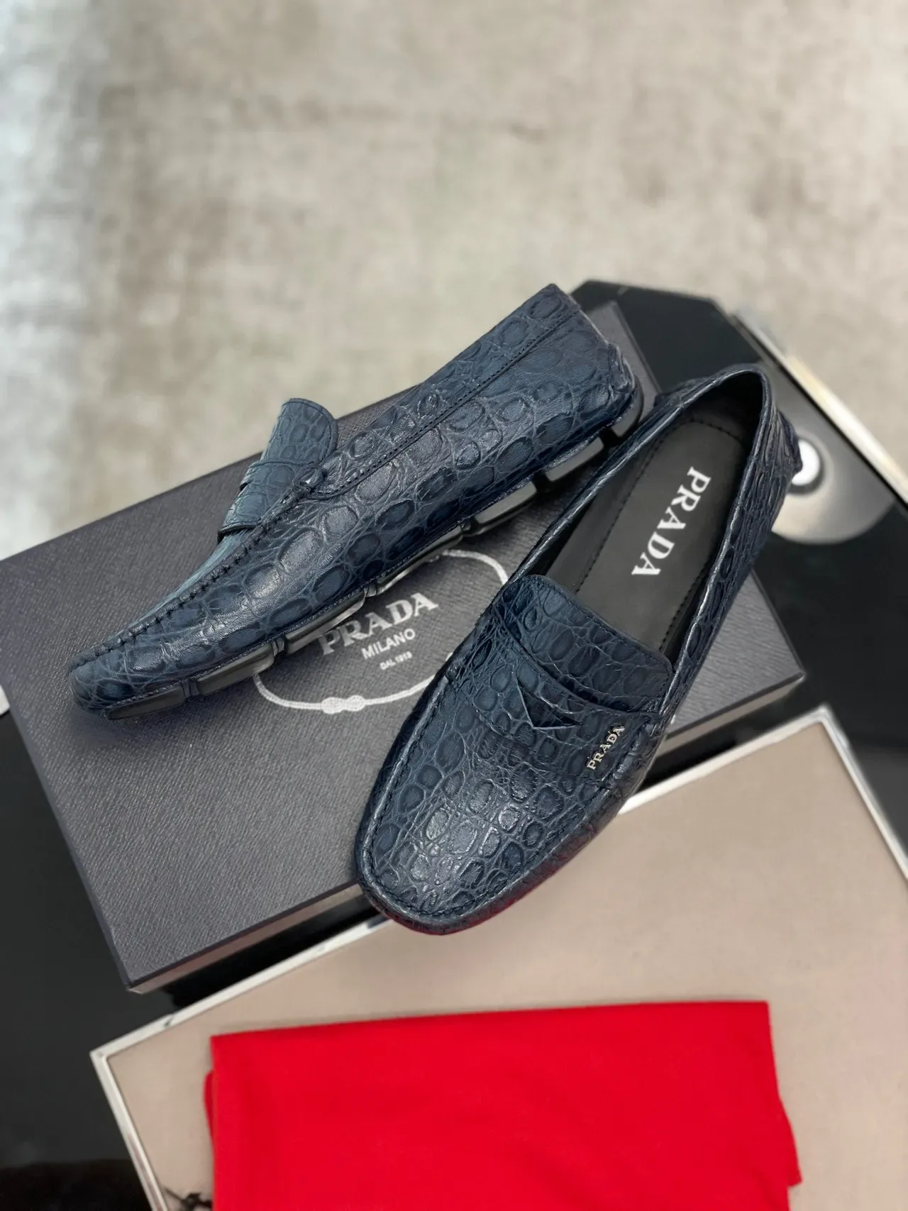 Prada Navy Black Crocodile-Embossed Leather Penny Strap Loafer 3