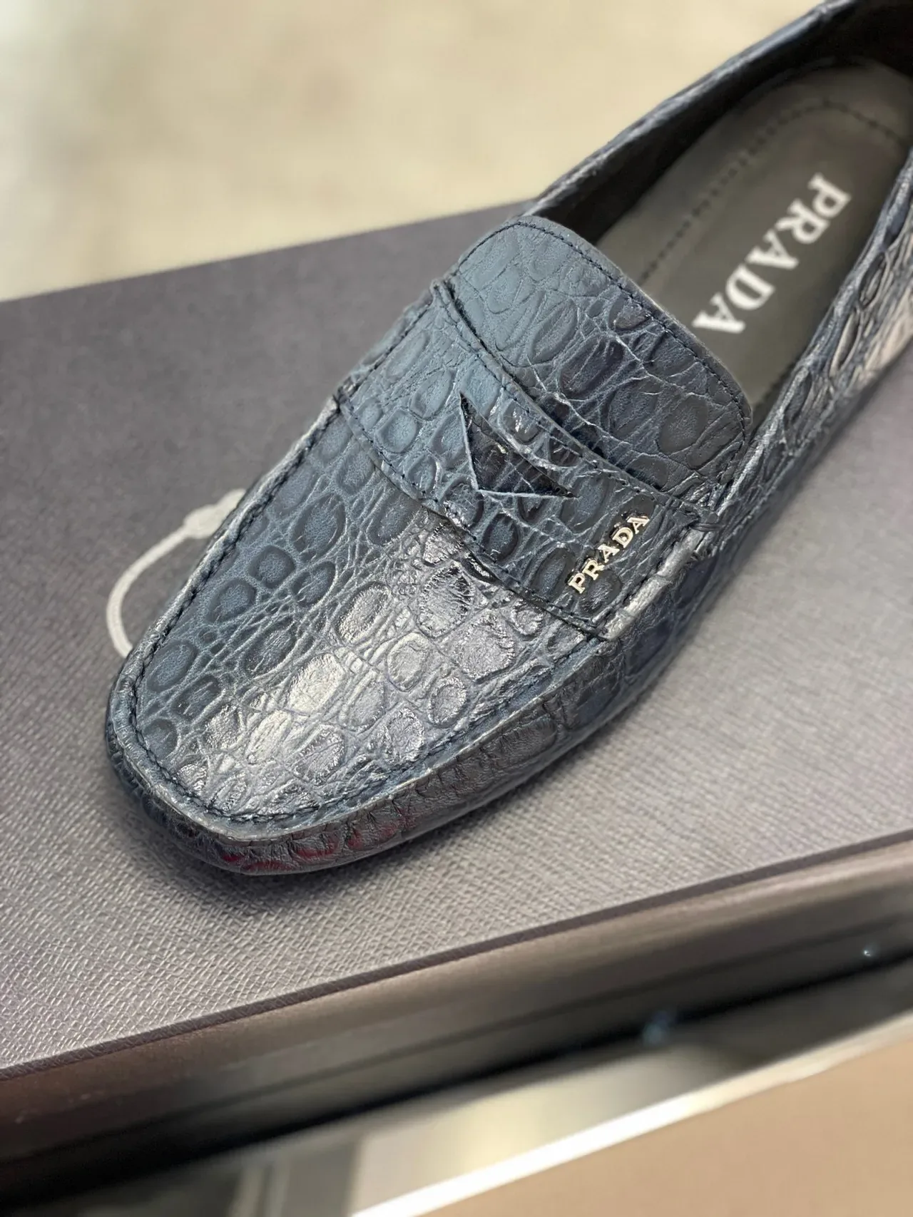 Prada Navy Black Crocodile-Embossed Leather Penny Strap Loafer 4