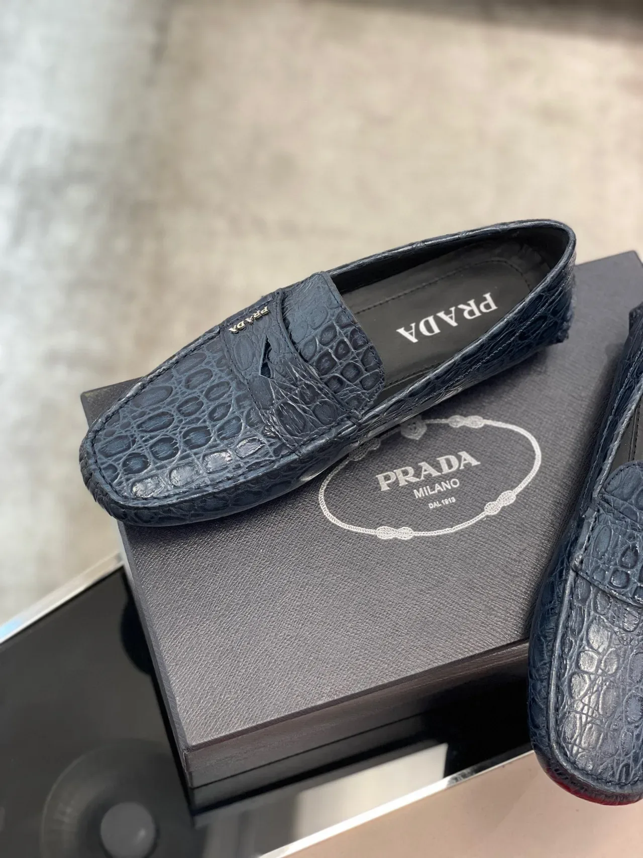 Prada Navy Black Crocodile-Embossed Leather Penny Strap Loafer 5