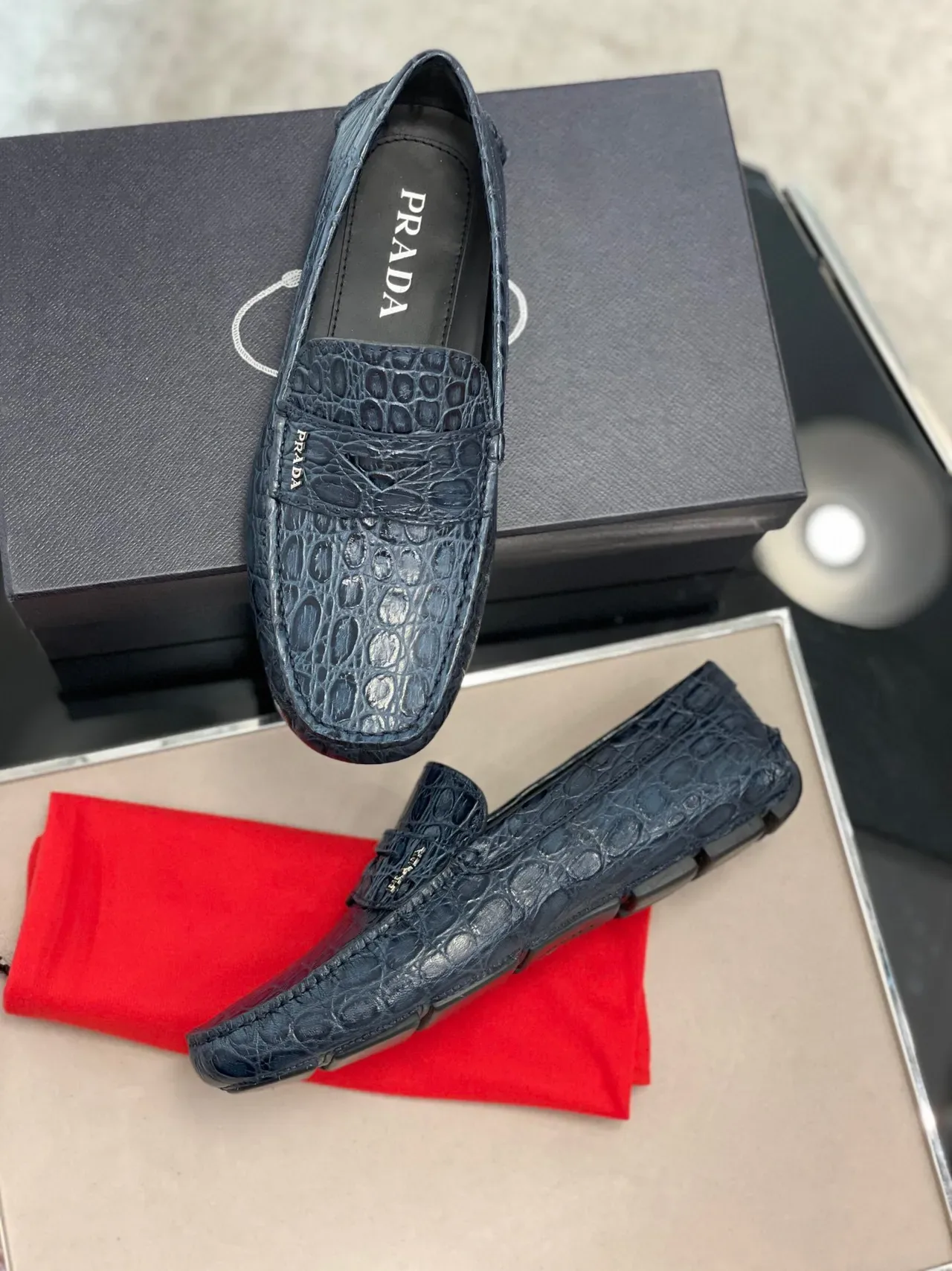 Prada Navy Black Crocodile-Embossed Leather Penny Strap Loafer 6