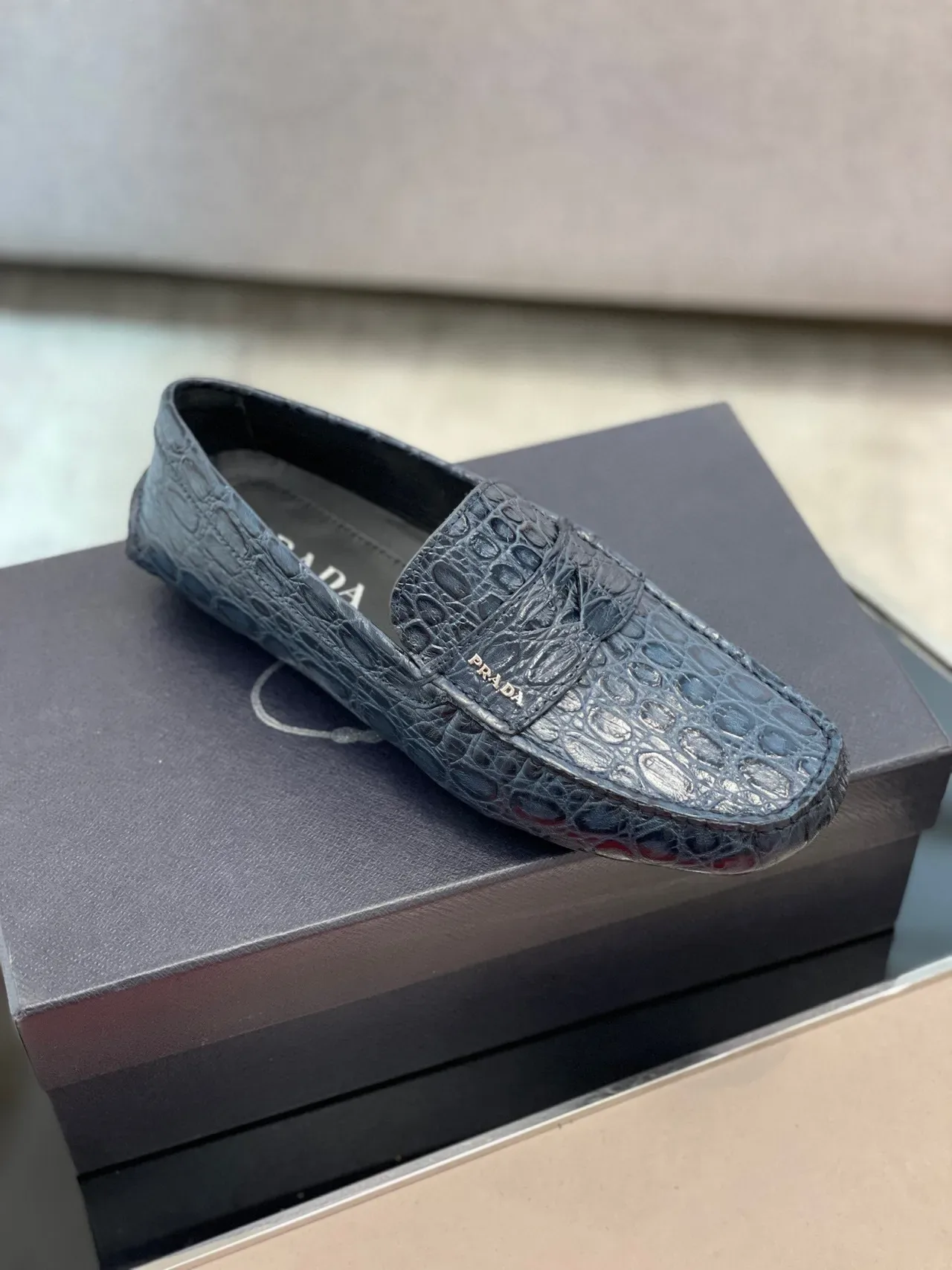 Prada Navy Black Crocodile-Embossed Leather Penny Strap Loafer 7