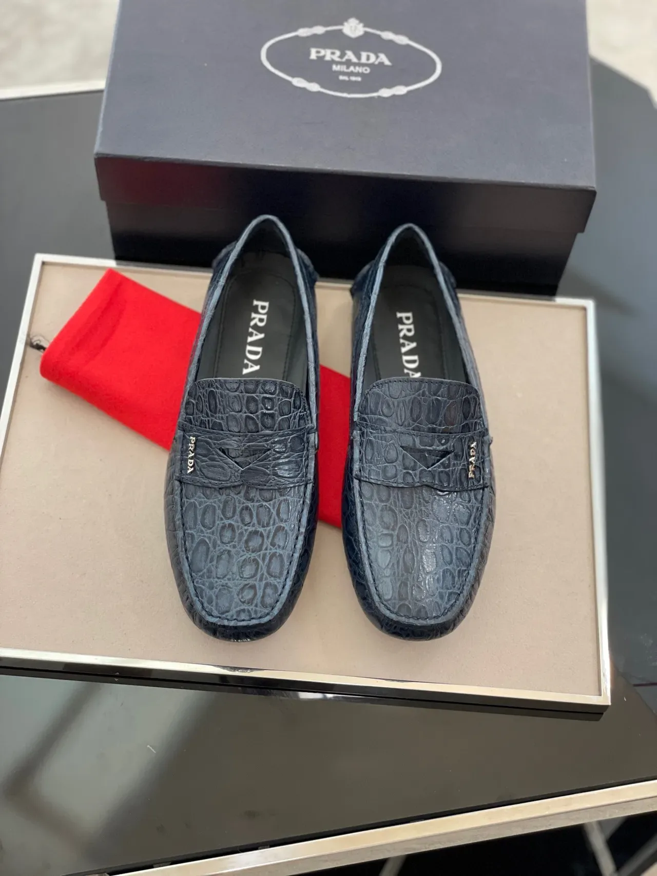 Prada Navy Black Crocodile-Embossed Leather Penny Strap Loafer 8