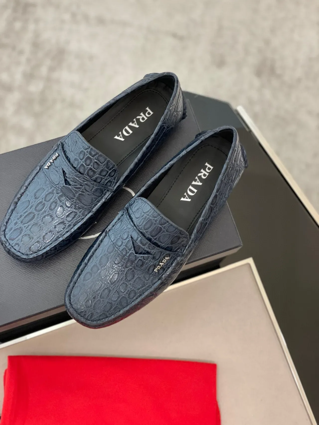 Prada Navy Black Crocodile-Embossed Leather Penny Strap Loafer 9
