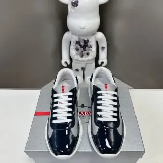 Prada Navy Silver Glossy Patent Toe Mesh Side Panels Lifestyle Sneakers