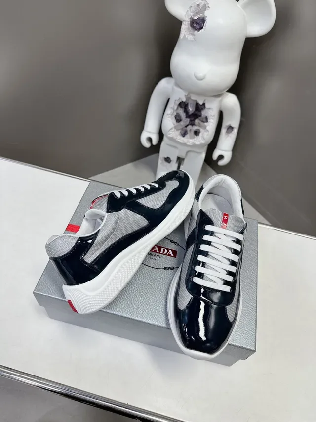 Prada Tênis Lifestyle Marinho Prateado Couro Patent Brilhante Bico Painéis Malha Laterais 3