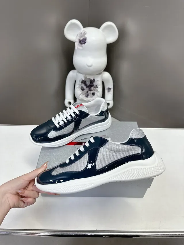 Prada Tênis Lifestyle Marinho Prateado Couro Patent Brilhante Bico Painéis Malha Laterais 4