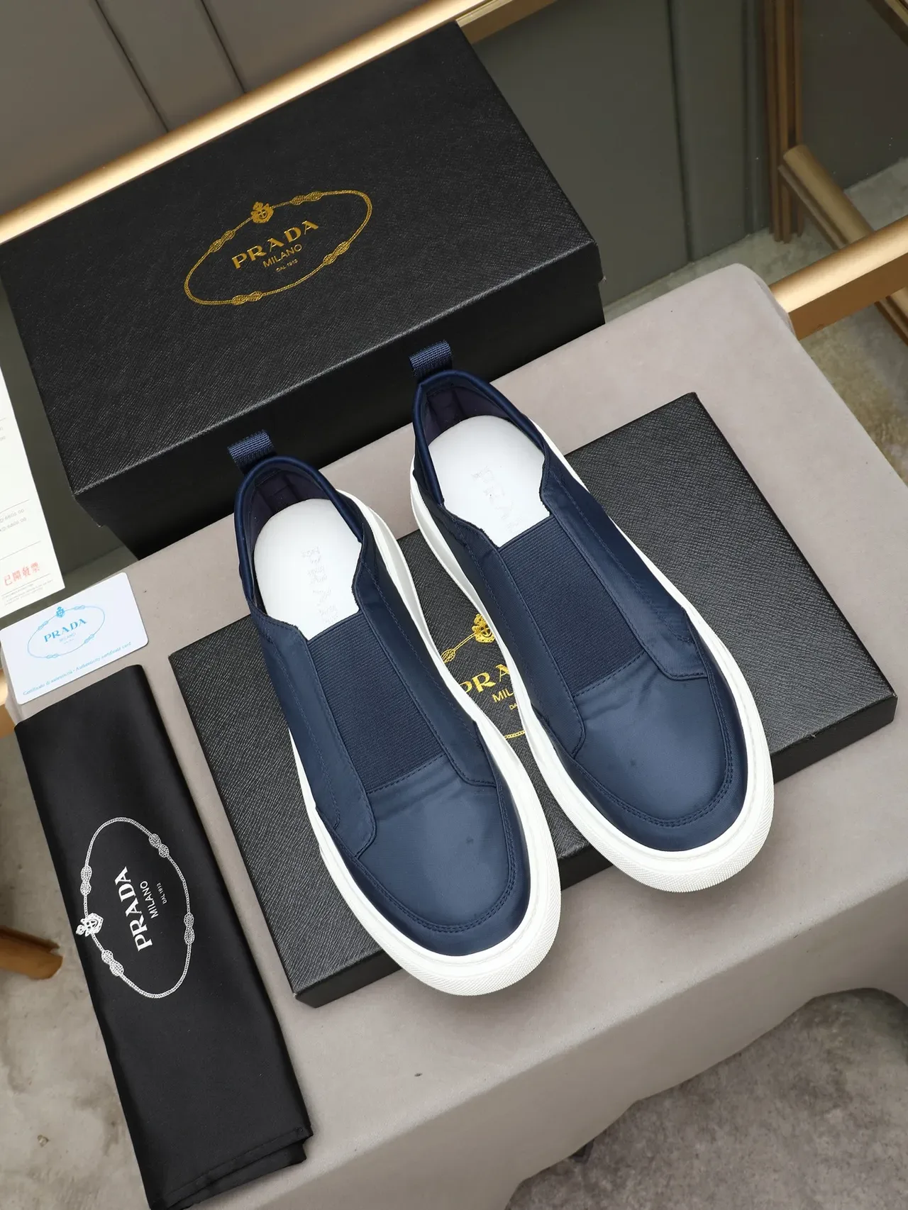 Prada Navy White Slip-On Nylon Upper Lifestyle Sneakers 3