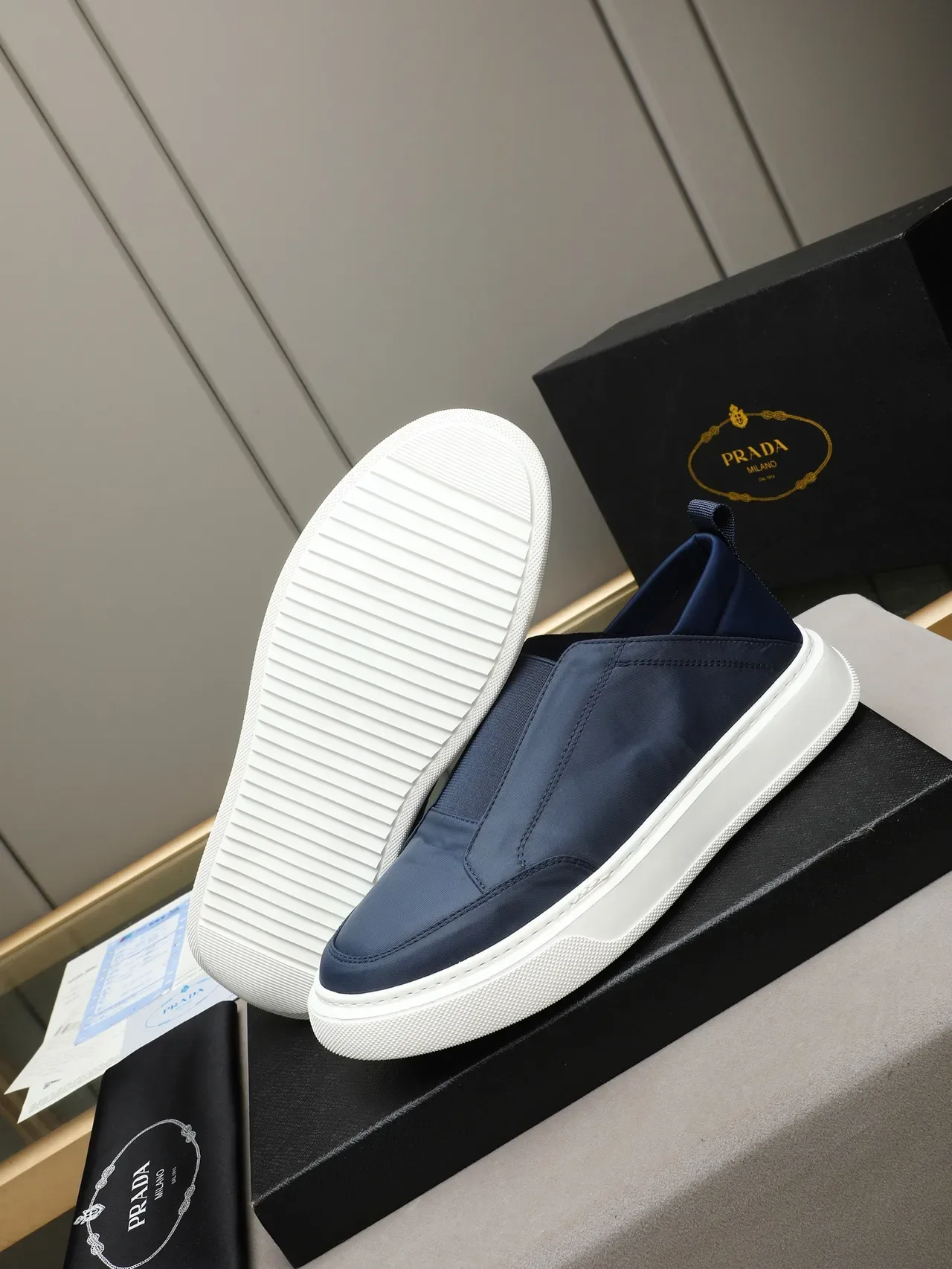 Prada Navy White Slip-On Nylon Upper Lifestyle Sneakers 5