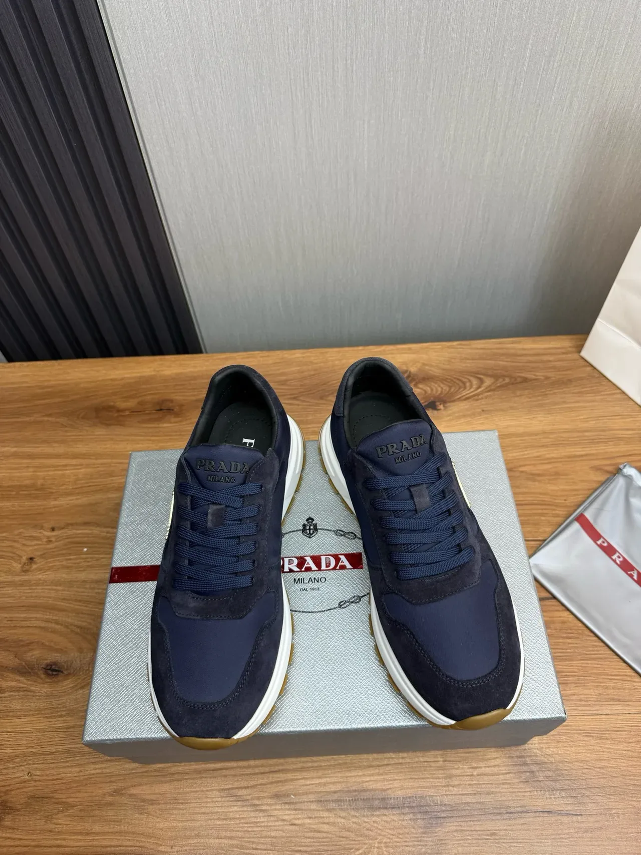 Prada Navy White Suede And Nylon Upper Sculpted Midsole Lifestyle Sneakers 2