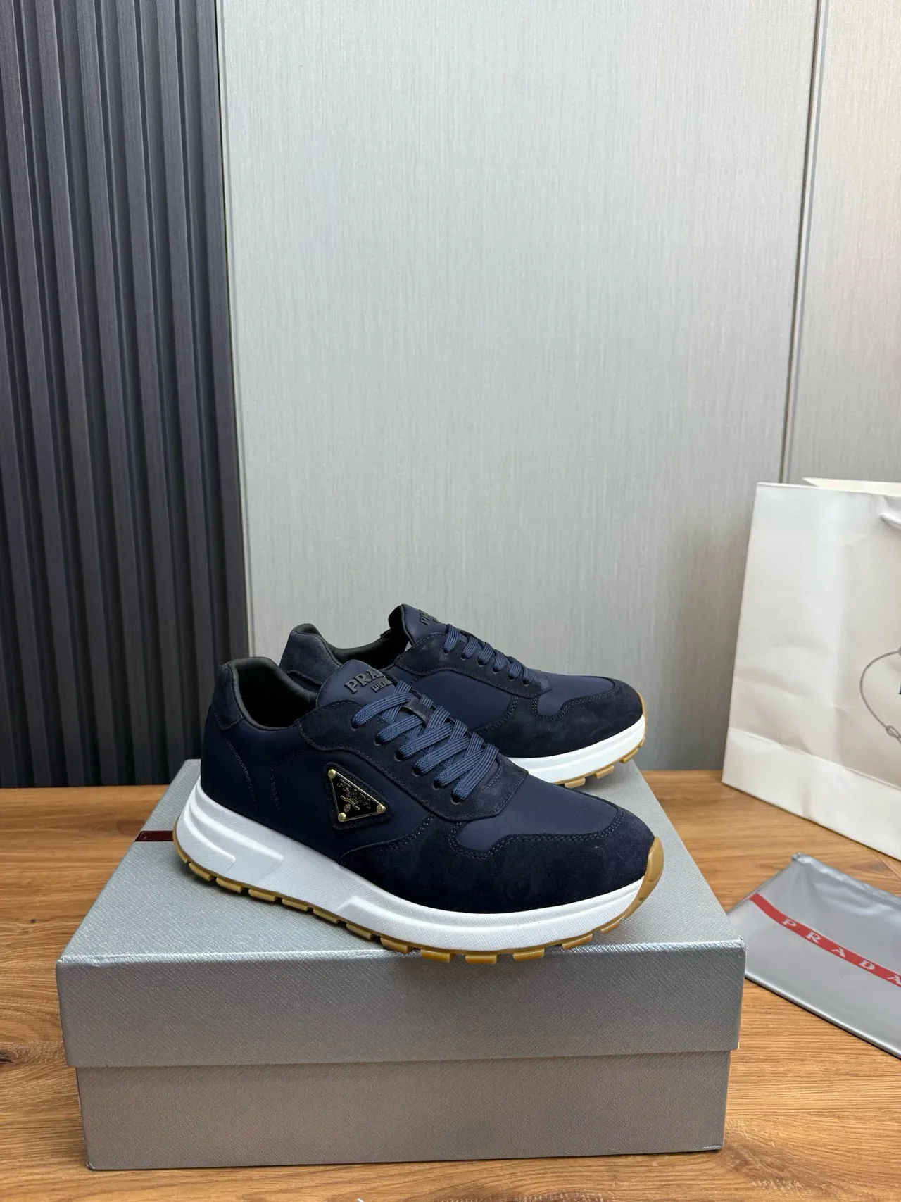 Prada Navy White Suede And Nylon Upper Sculpted Midsole Lifestyle Sneakers 3
