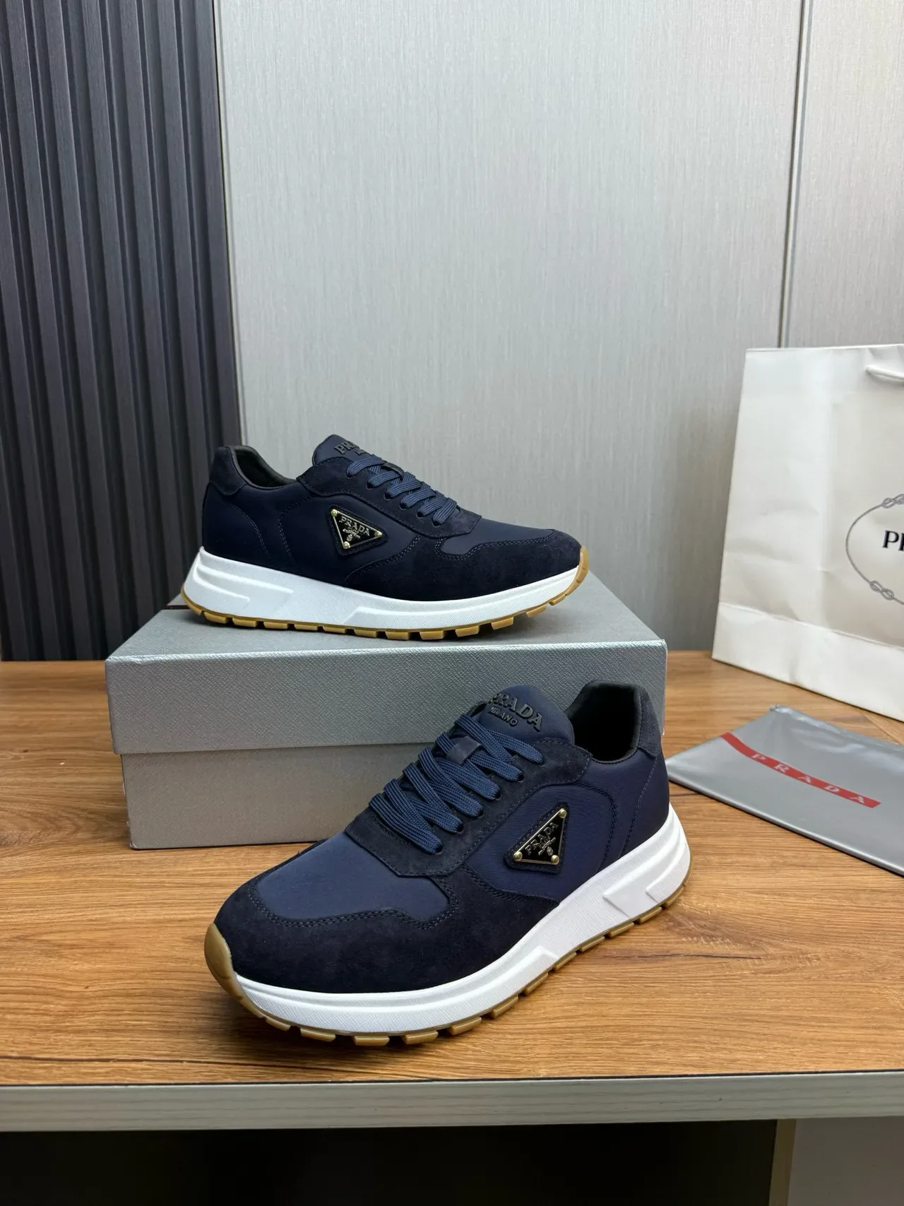Prada Navy White Suede And Nylon Upper Sculpted Midsole Lifestyle Sneakers 4