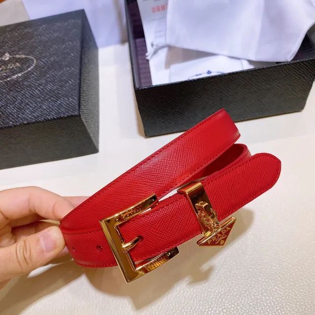 Prada Red Gold Saffiano-Textured Polished Rectangular Buckle Leather Belt 2