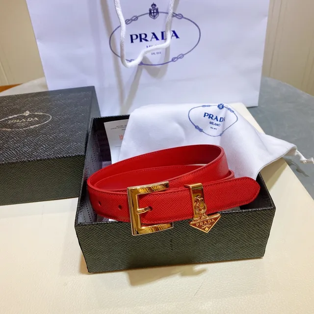 Prada Red Gold Saffiano-Textured Polished Rectangular Buckle Leather Belt 4