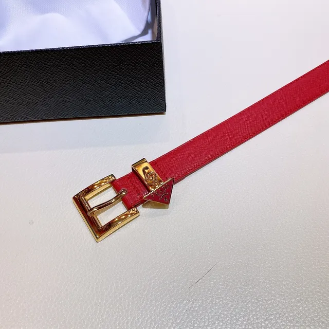 Prada Red Gold Saffiano-Textured Polished Rectangular Buckle Leather Belt 5