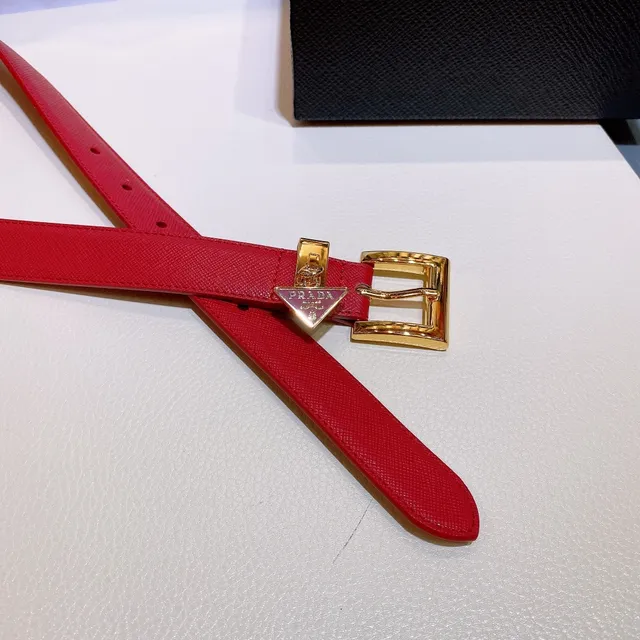 Prada Red Gold Saffiano-Textured Polished Rectangular Buckle Leather Belt 6