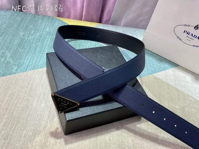 Prada Triangle Belt Navy Blue Saffiano Leather Belt 2