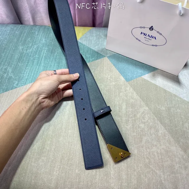 Prada Triangle Belt Navy Blue Saffiano Leather Belt 3
