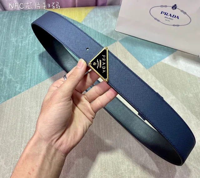 Prada Triangle Belt Navy Blue Saffiano Leather Belt 4