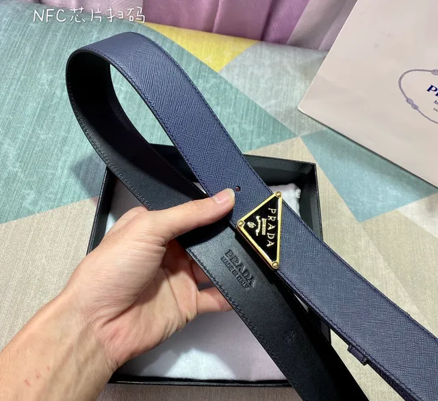 Prada Triangle Belt Navy Blue Saffiano Leather Belt 5