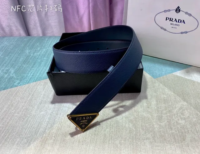 Prada Triangle Belt Navy Blue Saffiano Leather Belt 6