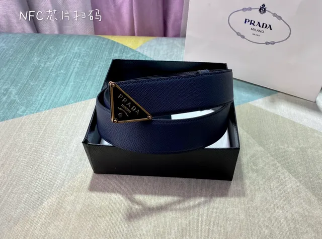 Prada Triangle Belt Navy Blue Saffiano Leather Belt 7