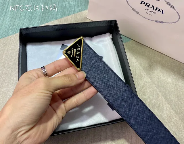 Prada Triangle Belt Navy Blue Saffiano Leather Belt 8