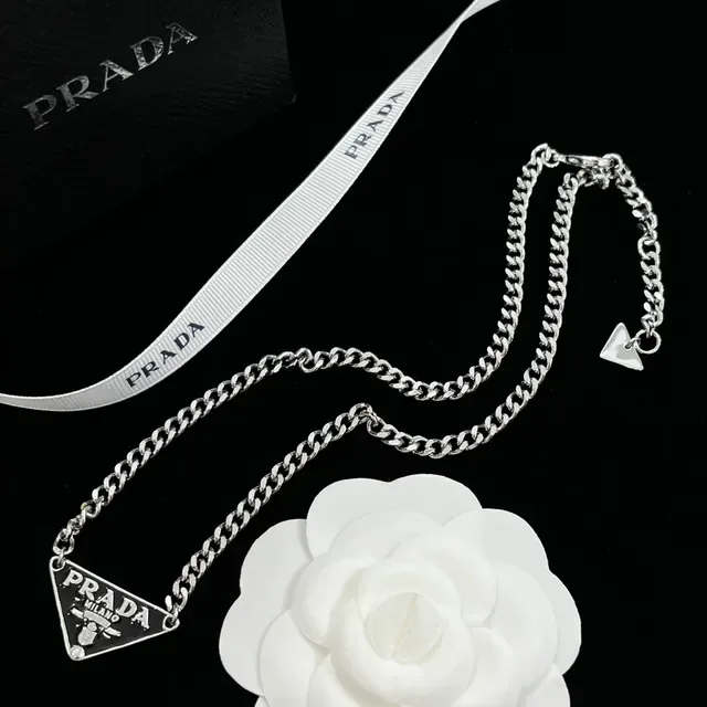 Prada Triangle Pendant Gold White Curb-Link Chain Triangular Pavé-Crystal Necklace 5