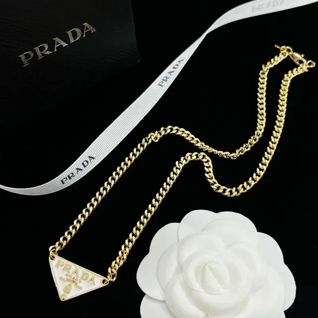 Prada Triangle Pendant Gold White Curb-Link Chain Triangular Pavé-Crystal Necklace 6