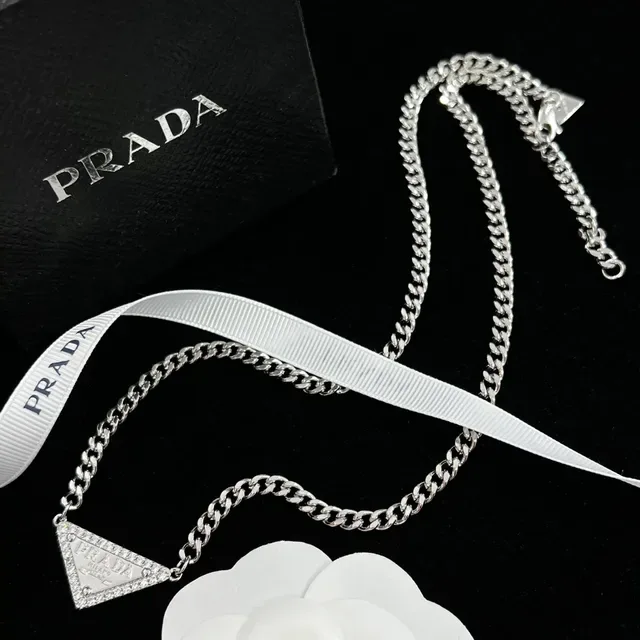 Prada Triangle Pendant Gold White Curb-Link Chain Triangular Pavé-Crystal Necklace 7