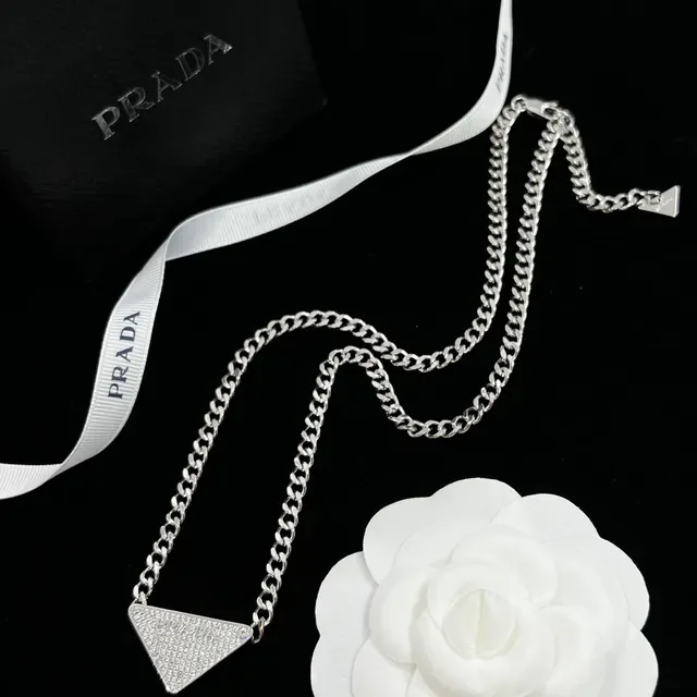 Prada Triangle Pendant Gold White Curb-Link Chain Triangular Pavé-Crystal Necklace 8