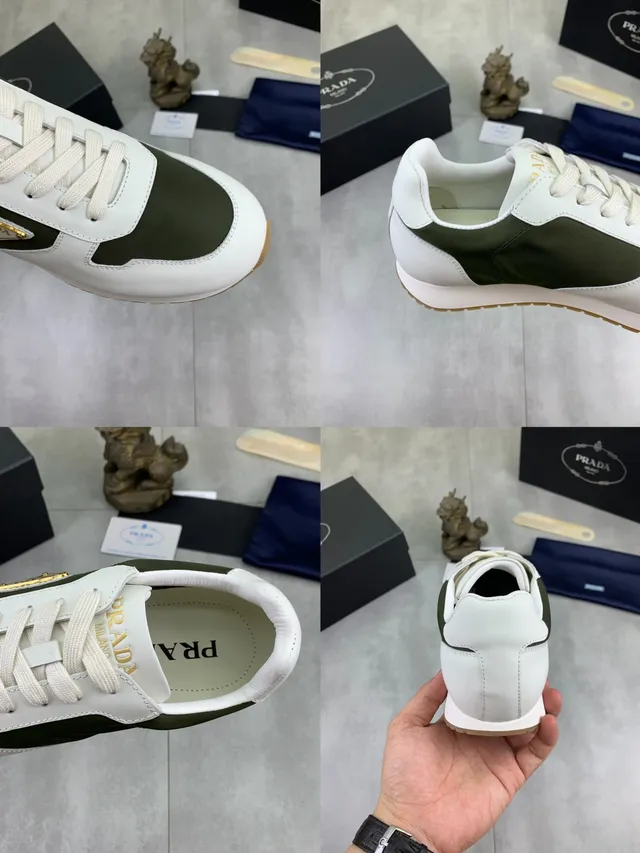 Prada White Army Green Panelled Leather And Nylon Triangular Logo Plaque Lifestyle Sneakers 2