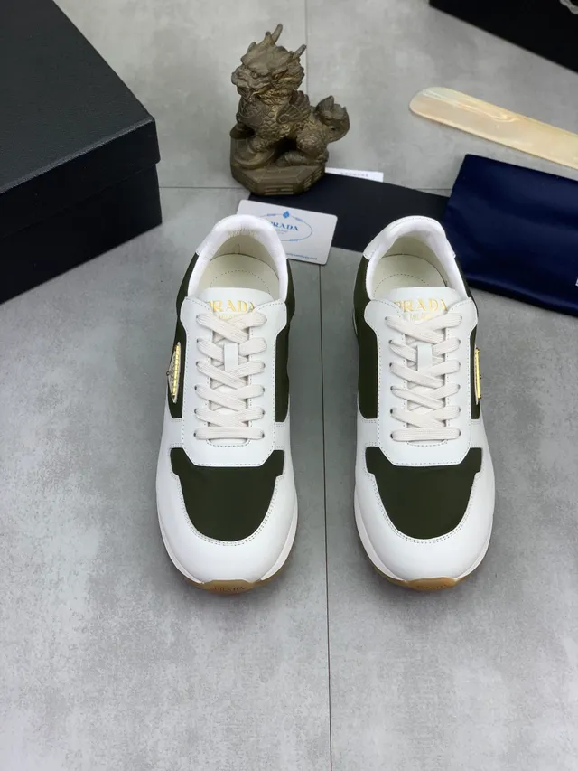 Prada White Army Green Panelled Leather And Nylon Triangular Logo Plaque Lifestyle Sneakers 4