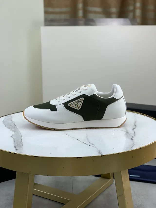 Prada White Army Green Panelled Leather And Nylon Triangular Logo Plaque Lifestyle Sneakers 5