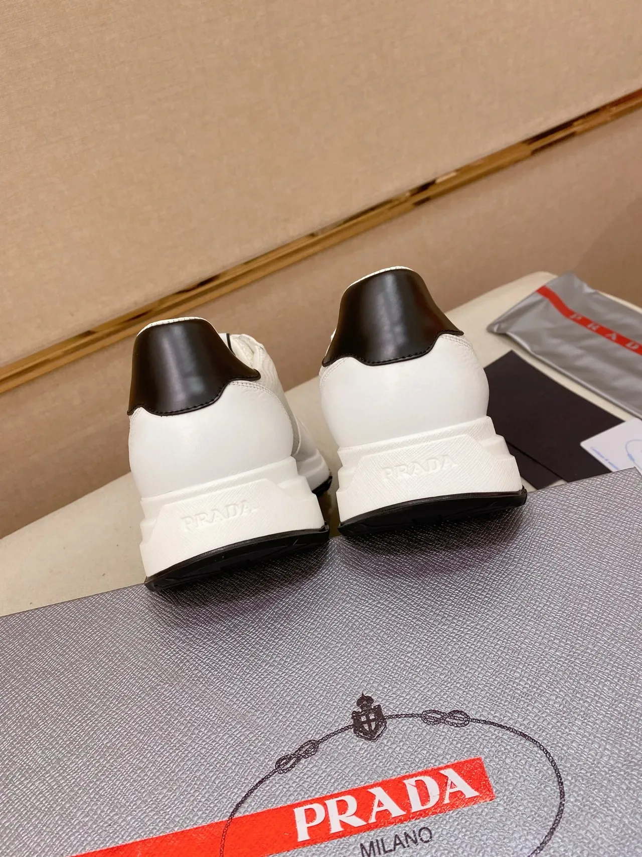 Prada White Black Leather And Mesh Upper Triangular Logo Plaque Lifestyle Sneakers 3