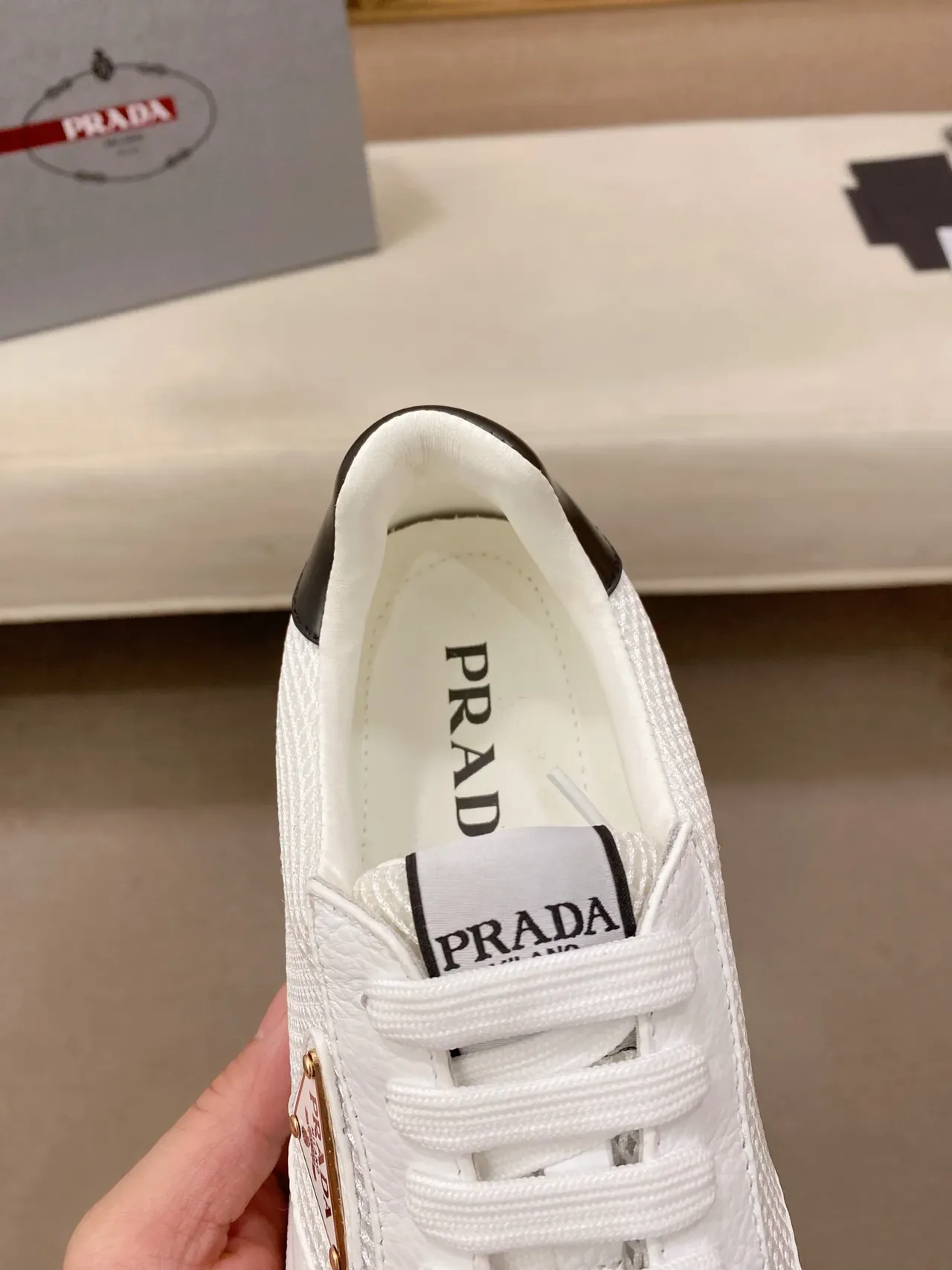 Prada White Black Leather And Mesh Upper Triangular Logo Plaque Lifestyle Sneakers 4