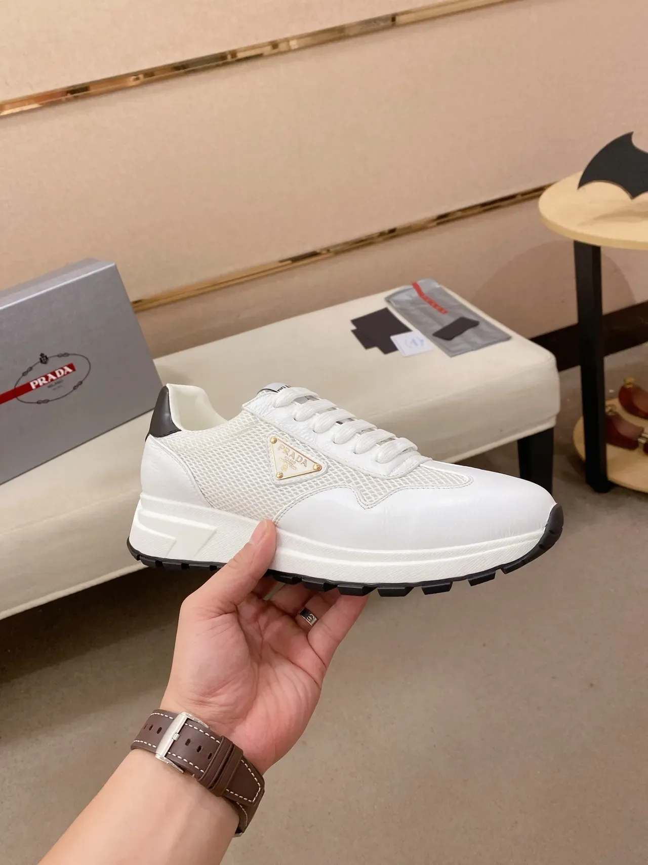 Prada White Black Leather And Mesh Upper Triangular Logo Plaque Lifestyle Sneakers 5
