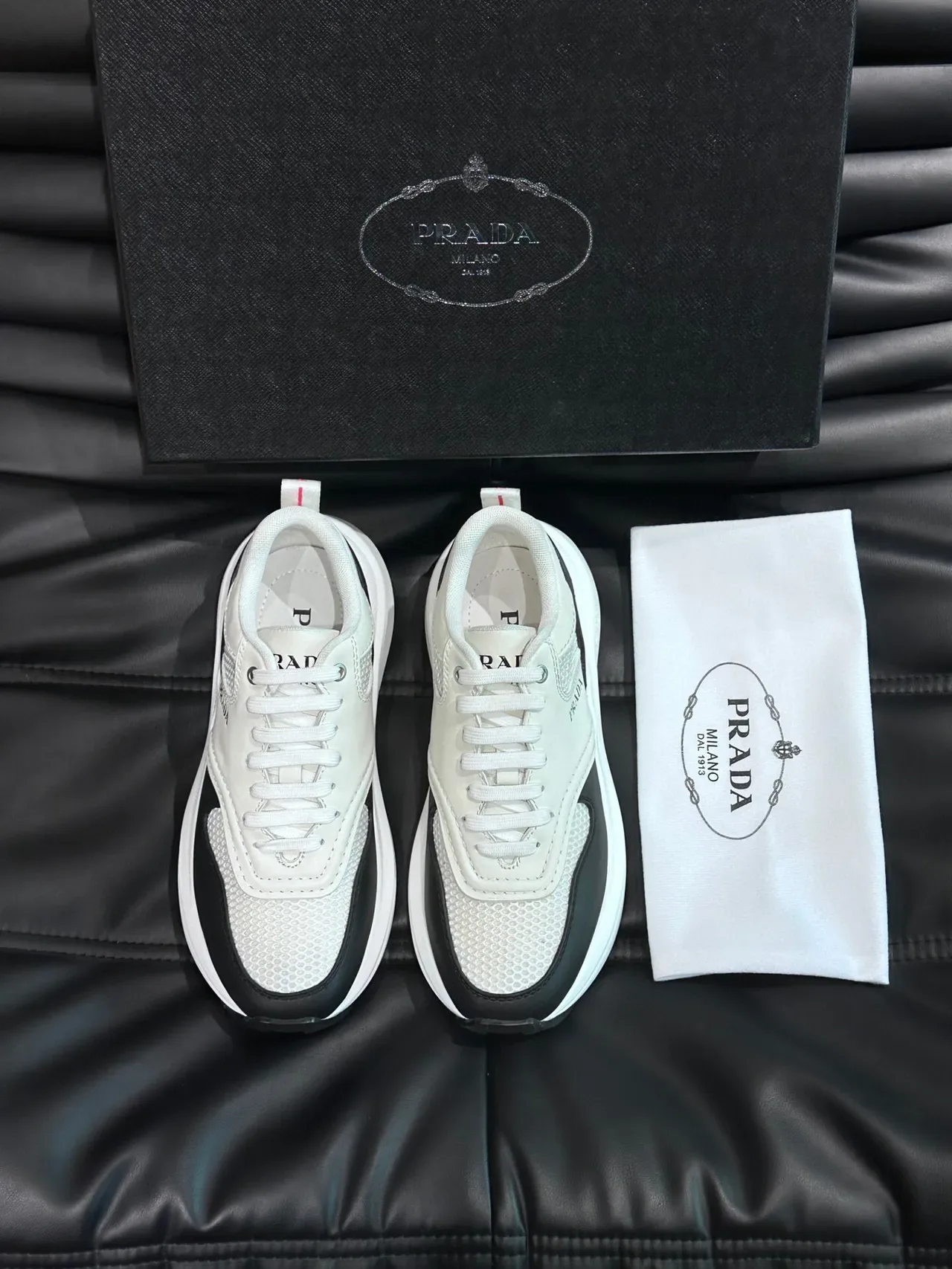 Prada White Black Mesh And Leather Upper Side Panel Contrast Sneakers 3