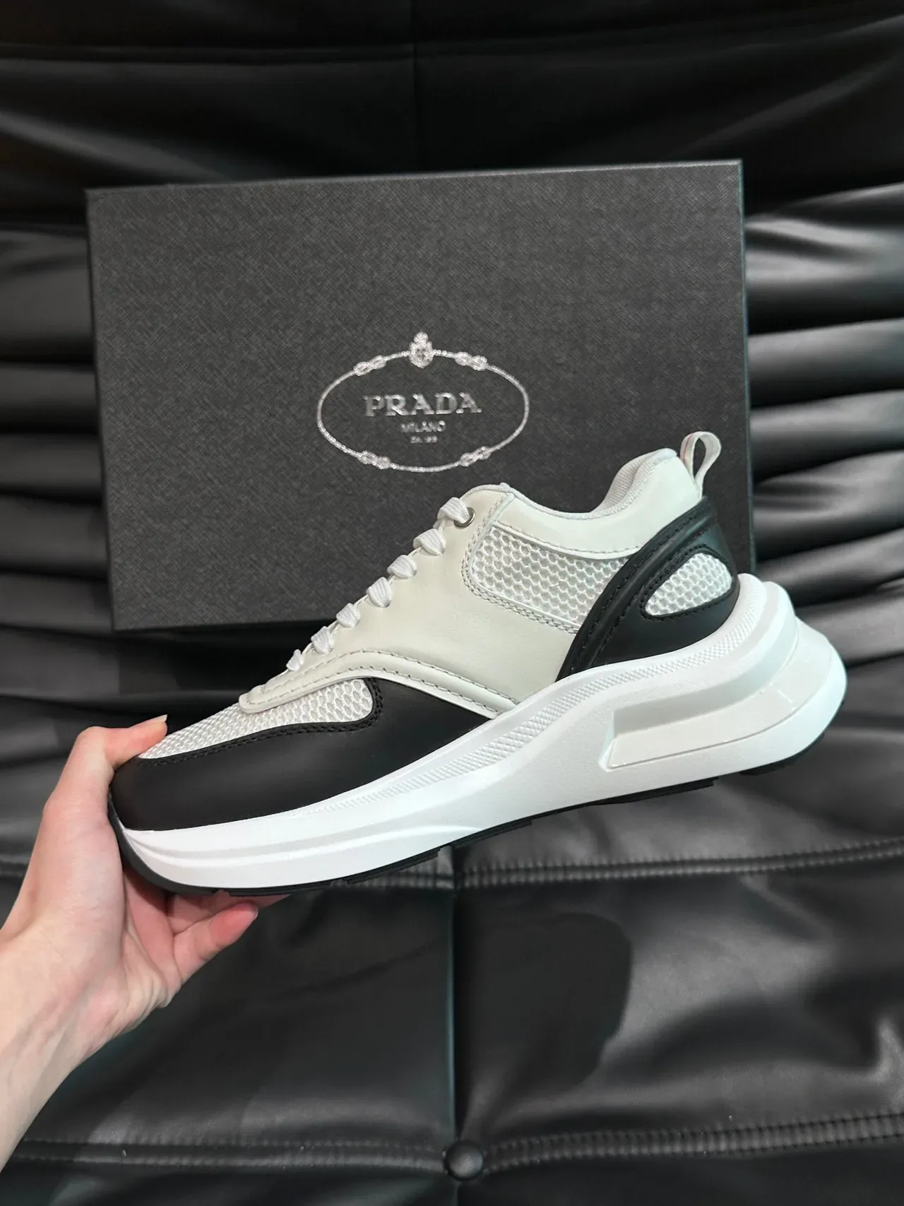 Prada White Black Mesh And Leather Upper Side Panel Contrast Sneakers 6