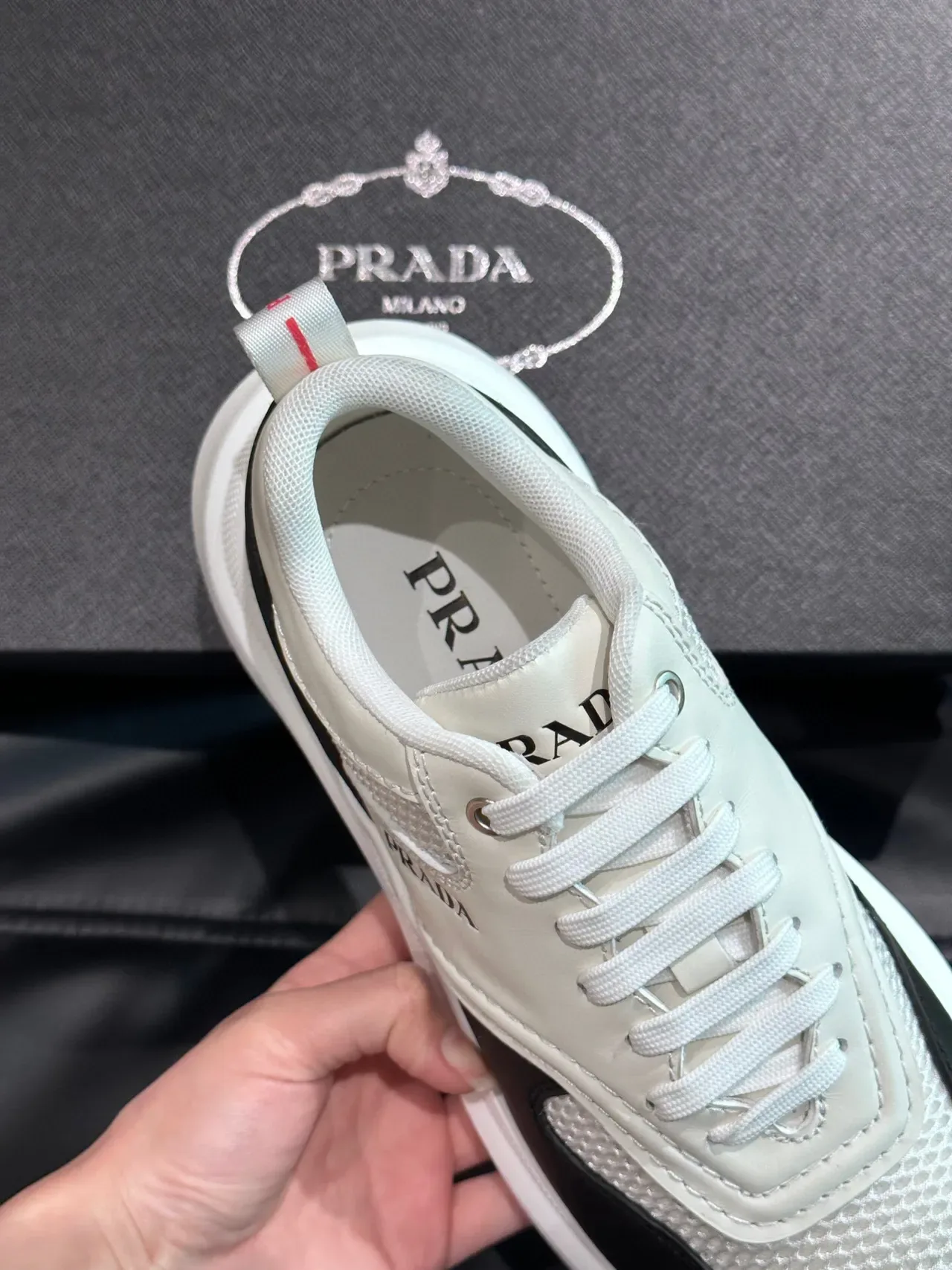 Prada White Black Mesh And Leather Upper Side Panel Contrast Sneakers 8