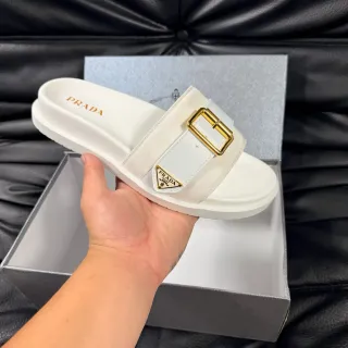 Prada White Gold Leather-Like Upper Rectangular Buckle Slippers