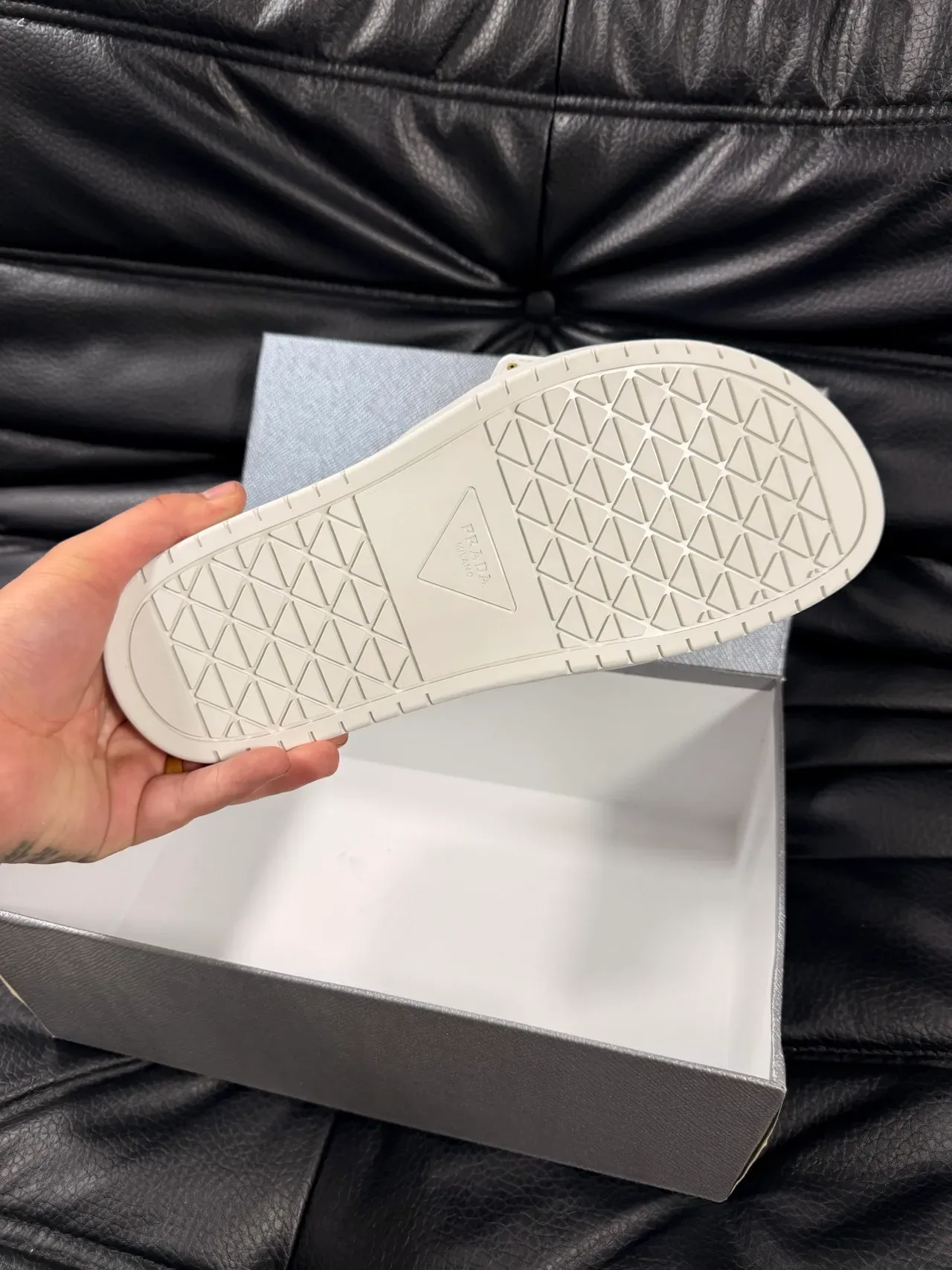 Prada White Gold Leather-Like Upper Rectangular Buckle Slippers 2